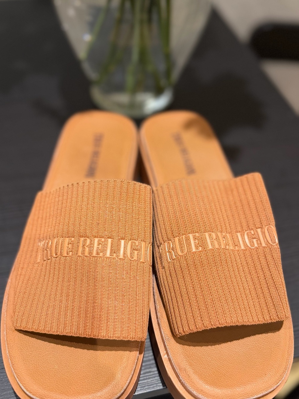 True Religion Tan Ribbed Slide Mules with Embroidered Logo